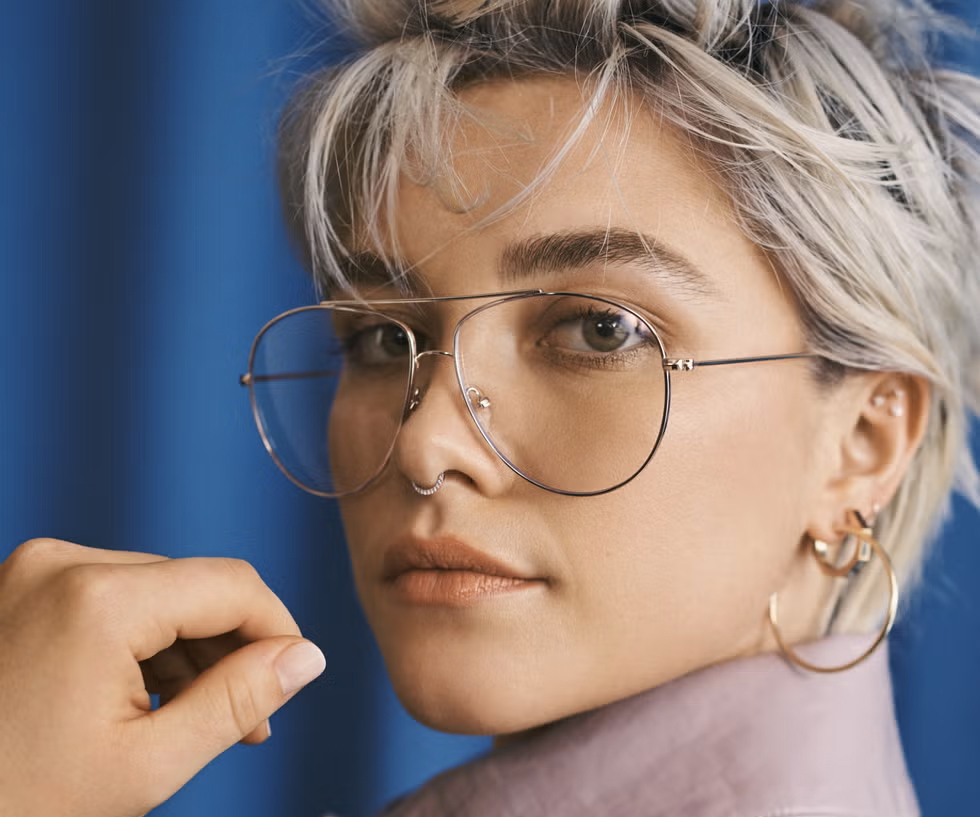 Florence Pugh glasses Gold Metal Eyeglasses , NosePads Frames from ABBE Glasses